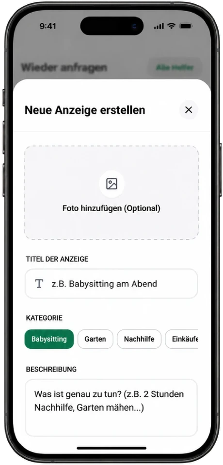 Neybor-App, Formular „Neue Anzeige erstellen“: optionales Foto, Titel der Anzeige, Auswahl der Kategorie und ein Feld für die Beschreibung.