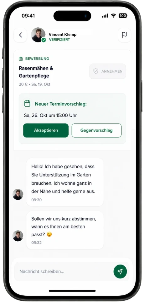 Neybor-App, Chat mit einem verifizierten Helfer: Er hat sich auf „Rasenmähen & Gartenpflege“ beworben und einen neuen Termin vorgeschlagen – annehmen oder Gegenvorschlag schicken.