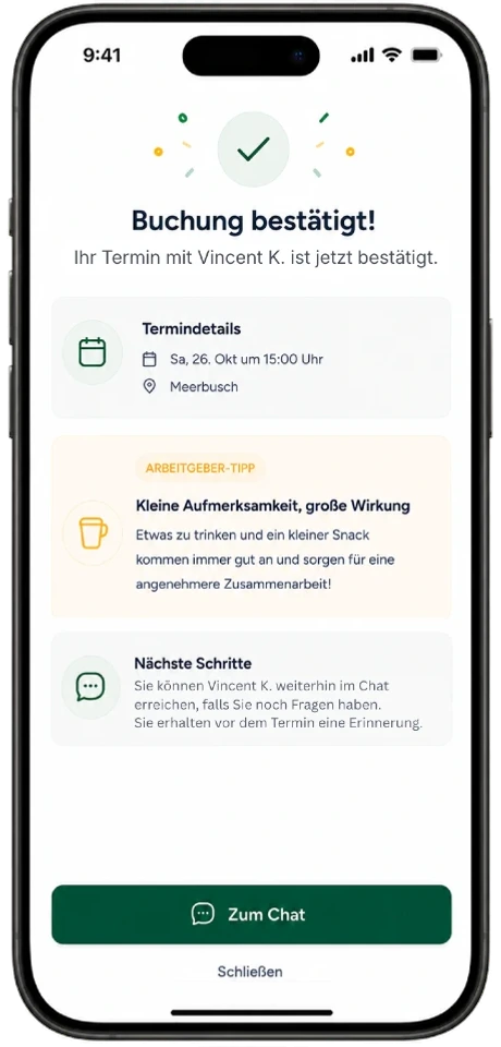 Neybor-App, bestätigte Buchung: Termindetails mit Datum und Ort, ein Tipp für Auftraggeber und die nächsten Schritte.