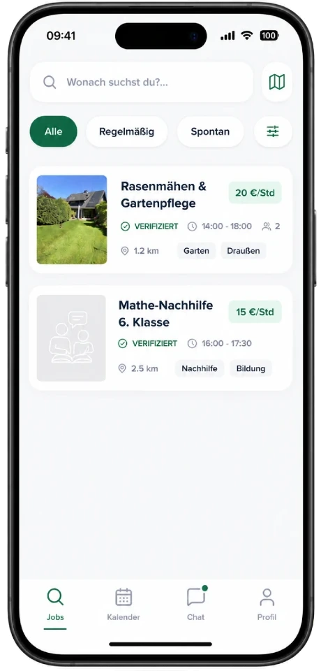 Neybor-App, Jobsuche: Anzeigen aus der Nachbarschaft, darunter „Rasenmähen & Gartenpflege“ für 20 € pro Stunde in 1,2 km Entfernung und „Mathe-Nachhilfe 6. Klasse“ für 15 € pro Stunde.