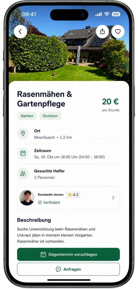 Neybor-App, Anzeige im Detail: „Rasenmähen & Gartenpflege“ mit Ort, Zeitraum, Anzahl gesuchter Helfer und dem verifizierten Profil des Haushalts – unten die Schaltflächen „Gegentermin vorschlagen“ und „Anfragen“.