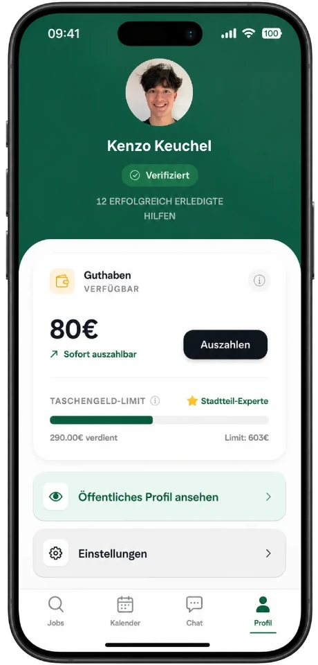 Neybor-App, eigenes Profil: verifiziert, 12 erfolgreich erledigte Hilfen und ein verfügbares Guthaben von 80 €, das sich sofort auszahlen lässt.