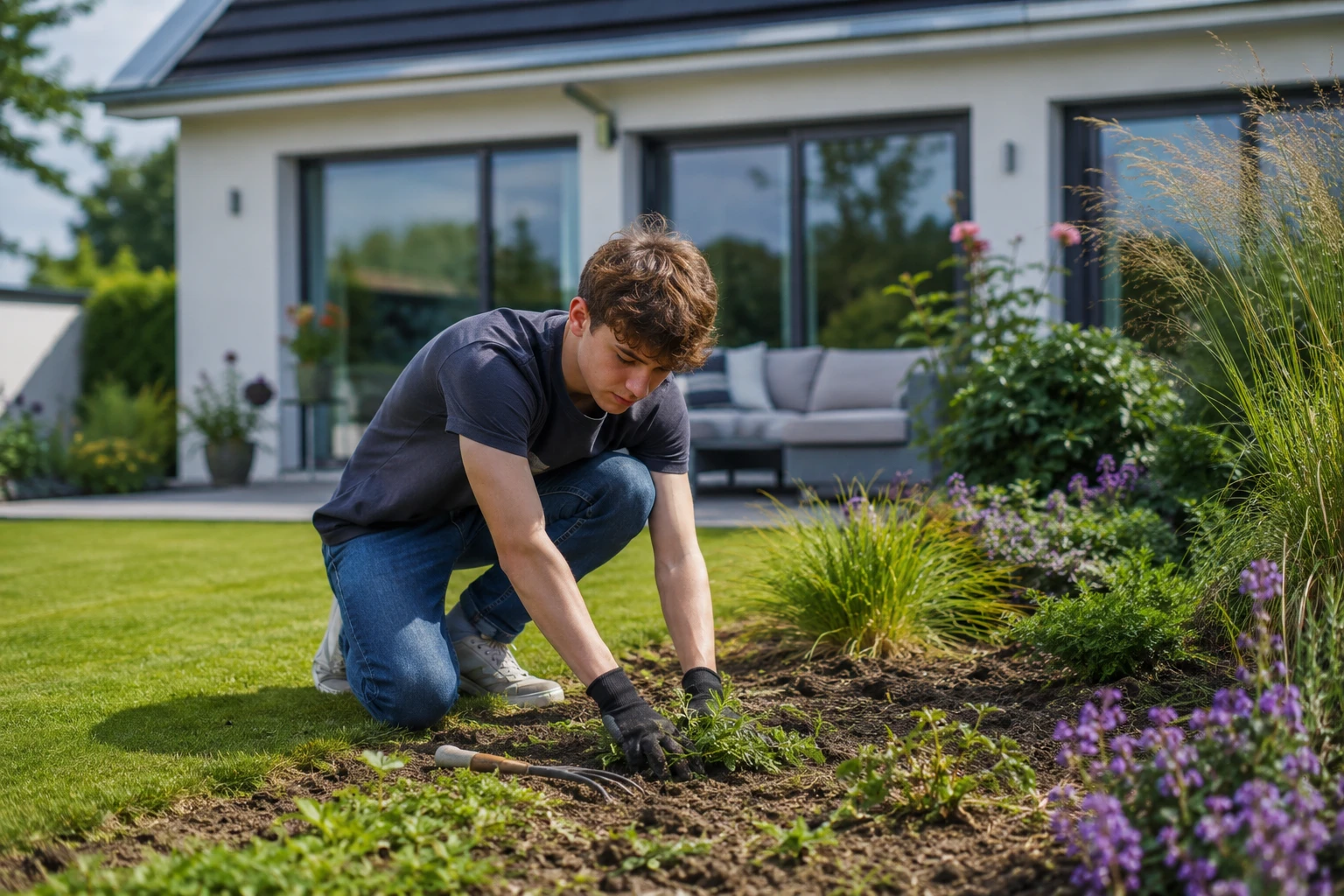Jugendlicher Helfer jätet ein Beet im Vorgarten eines Wohnhauses